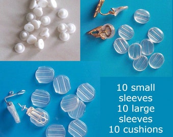 Mixed selection pack, comfort pads for clip earrings - 10 small, 10 large sleeves & 10 cushions