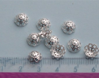 50 silver plated, 8mm diameter, filigree bead caps, findings for jewellery making crafts