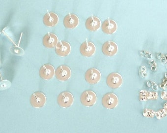 10 pairs of silver plated 7mm flat pad earring posts, incl scrolls, findings for jewellery crafts