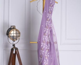 Premium Silk Cotton Lavender Jamdani Saree with Blouse Piece, Party Wear Saree, Summer Wear