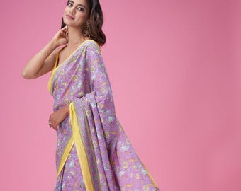 Sari de algodón puro suave estampado a mano Bagru de Jaipur indio con blusa sin coser adjunta