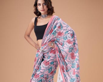 Sari de algodón puro suave estampado a mano Bagru de Jaipur indio con blusa sin coser adjunta