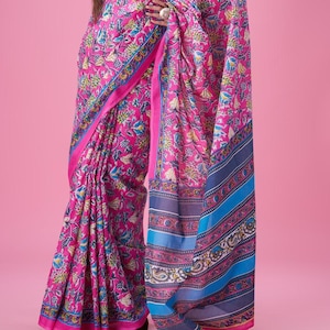 Indian Jaipur Bagru Hand block Printed Pure soft cotton Saree With attached Unstitched Blouse
