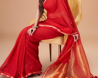 Red Mulmul Saree with Zari Work, Party Wear