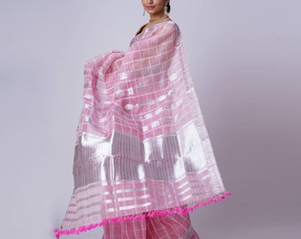 Rosa Maulbeerseide Traditioneller Saree | mit nicht genähtem Blusenteil