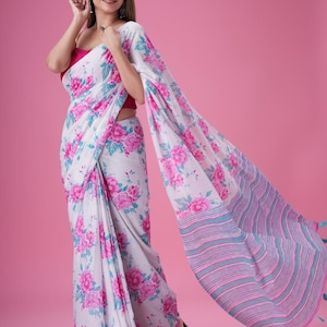 Indian Jaipur Bagru Hand block Printed Pure soft cotton Saree With attached Unstitched Blouse