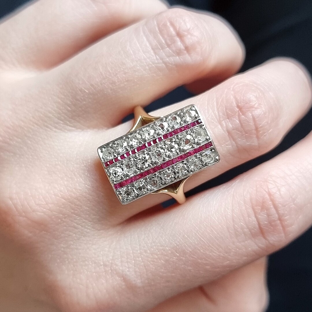 Buy Edwardian 18ct Gold Ruby & Diamond Tablet Ring, Statement Diamond ...