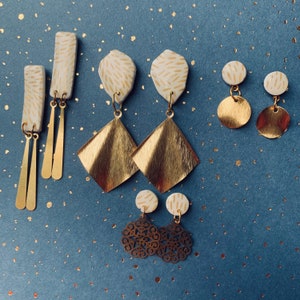 Hand Made White and Gold Polymer Clay Earrings