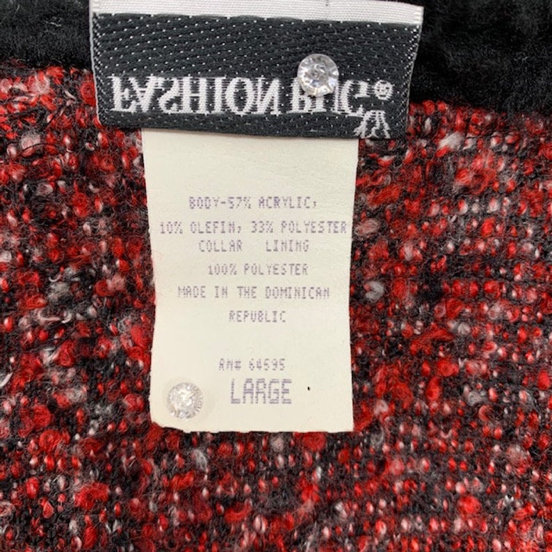 Vintage Fashion Bug Large Long Open Cardigan Red Tweed Faux Fur Collar