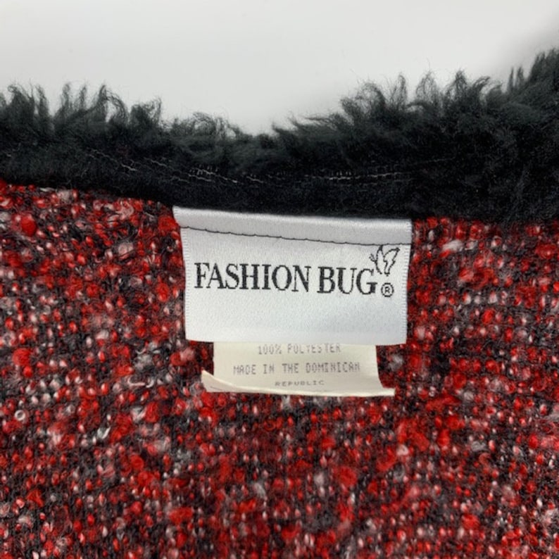 Vintage Fashion Bug Large Long Open Cardigan Red Tweed Faux Fur Collar