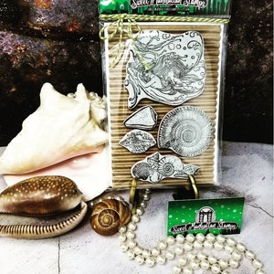 176-b Mermaid stamps, Sea nymph, Deep etched rubber, Seashells, journaling stamp, stamp set, Rubber stamps, ocean stamps