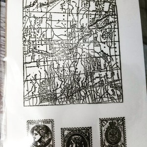 May include: A black and white map of a region with a grid pattern. Three vintage postage stamps are below the map. The stamps feature portraits of women and the text "REPUB. FRANC. 2 POSTES 2" and "131-a".