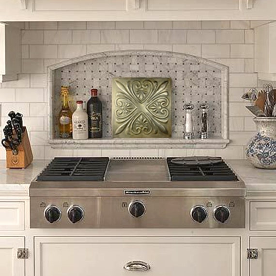 Brass Metal Back Splash, This Aged Brass Coated, This Kitchen Backsplash is  Custom Made Tile, Can Be Above the Kitchen Stove, Modern Look 