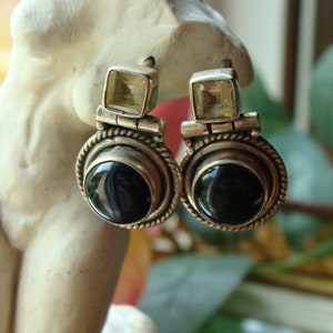 Vintage sterling zilveren oorbellen, vintage sterling zilveren oorbellen met zwarte onyx, onyx en citrien, cadeau idee voor haar, gratis geschenkdoos 157