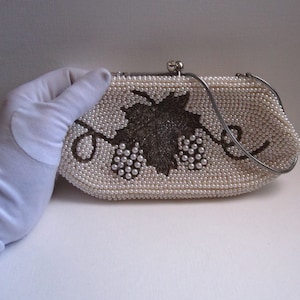 Vintage Abendtasche, Weiße Perlen geldbörse, Abendtasche, Perlen Satin Geldbeutel, Braut Geldbeutel 1970, 008