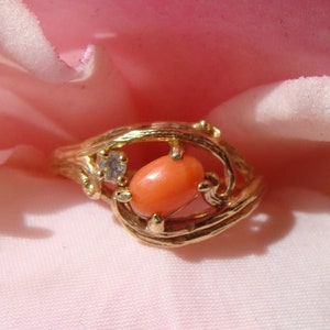 Unique Vintage Pink Coral Ring in 14k Yellow Gold,, Size 6, Modernist 1960s 1970s Jewelry, Freeform Cocktail Rings, 133 image 1