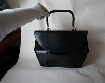 RO-EL Black bag, black Leather & sued purse, classy Bag, mid century Handbag, Classic evening Purse. Made in Canada bag #23