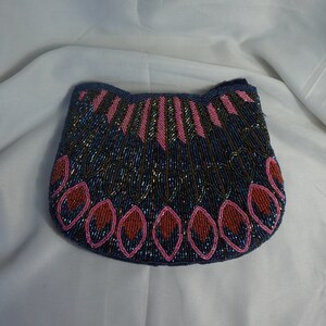Vintage Beaded Evening bag, blue, pink, gold glass beads, both sided beaded no handle ,121