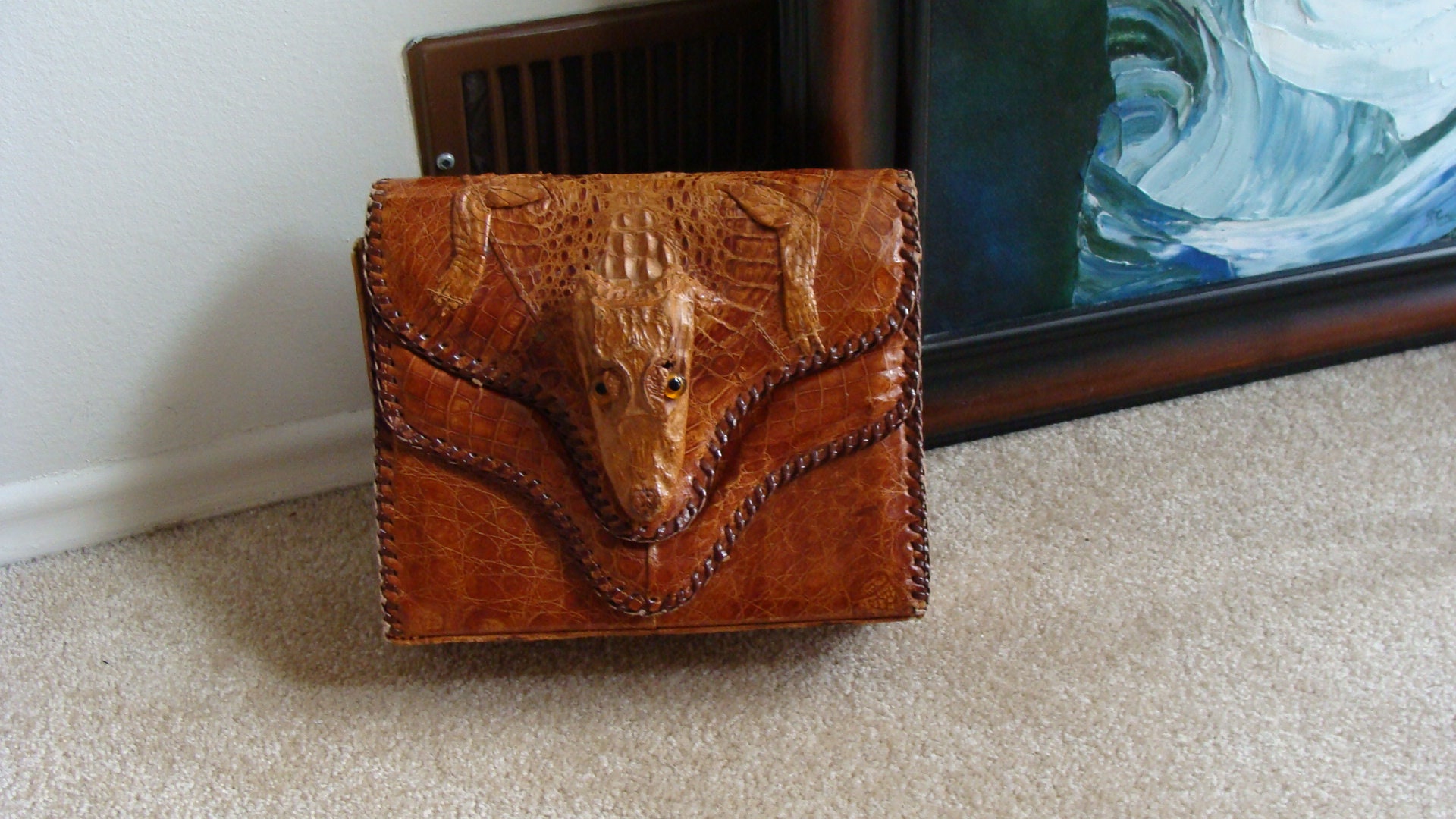 Stunning Antique 1920's-30's Brown Victorian CROCODILE Skin Handbag