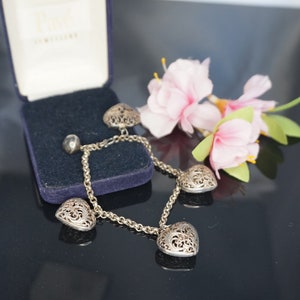 Pulseira de prata esterlina vintage e pingentes de corações, pulseira de filigrana, pulseira de prata de designer, presente para ela, presente de amor, presente de aniversário133