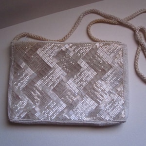 Vintage Weiße Perlen Abendtasche, Perlen Satin Geldbeutel, Braut Geldbeutel 1970,010