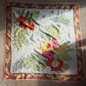Vintage Oscar de la Renta Sqquare Silk Scarf - Pink, Purple Floral Pattern, Orchid Flowers - Stripes of Sheer and Solid Silk - S24