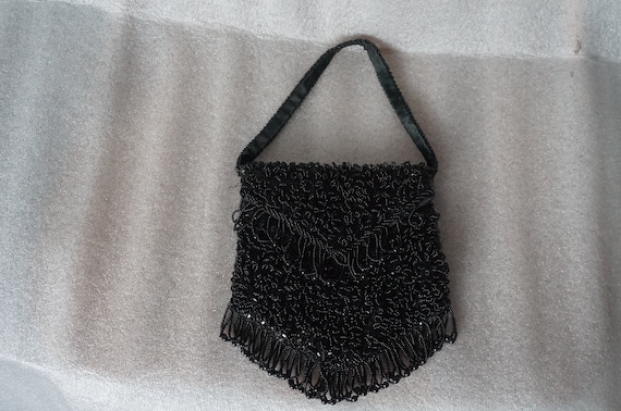 1950s Black BEADED Evening purse, Handbag Hand Ma… - image 1