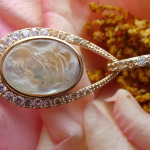 Vintage solid Sterling silver pendant shell cameo pendant, lovely girl cameo decor, large pendantwith crystals, #062