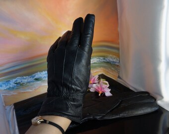 gants en cuir véritable vintage, gants noirs authentiques, gants en cuir noir de la collection Perrin, taille 7, 5 Gants en cuir pour femmes T33
