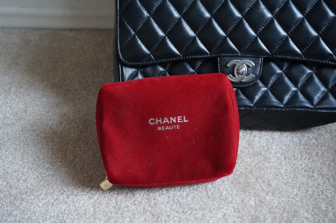 Vintage CHANEL Makeup Bag, Vintage Red & Gold Velvet Makeup Bag, Chanel