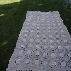 Vintage hand made table cloth, crochet table cover, beige crochet home decor, large linen crochet table cloth, B3
