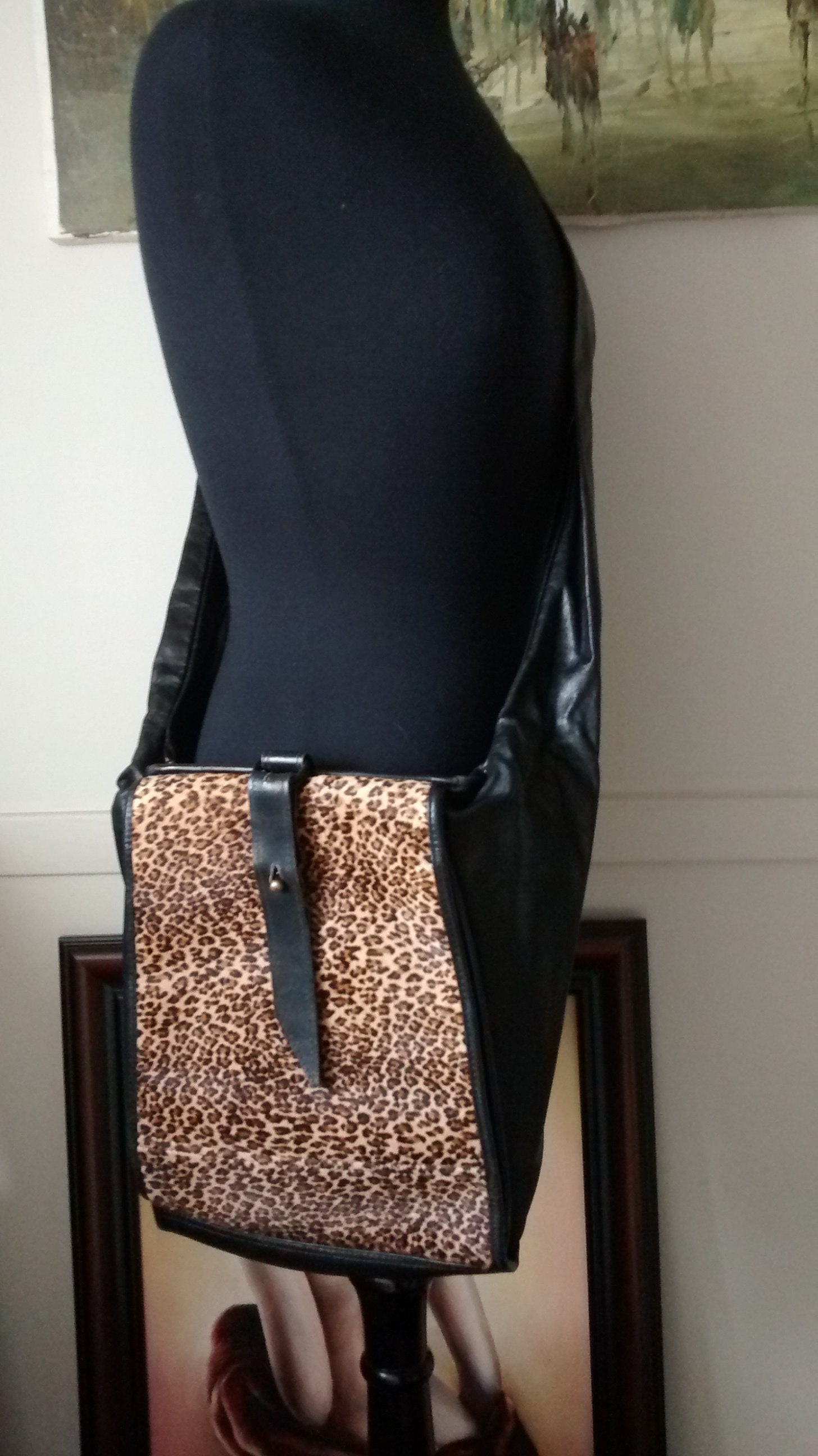 Vintage Crossbody Bag, Genuine Leather Bag, Animal Print Fur