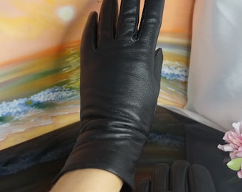 Vintage genuine Leather gloves, genuine leather shek gloves , black leather gloves, size 6,5, Women's leather gloves T21