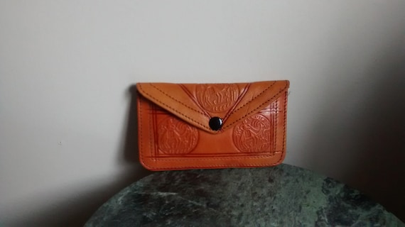 Vintage Large floral engraved wallet, Genuine leat