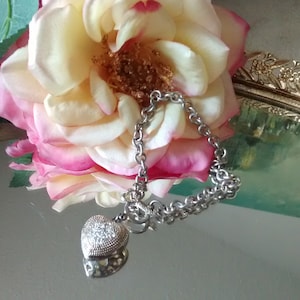 Pulsera de plata de ley vintage, pulsera de plata de eslabones de coleccionista de encanto, pulsera unisex, pulsera de plata de corazón, regalo para ella, 198