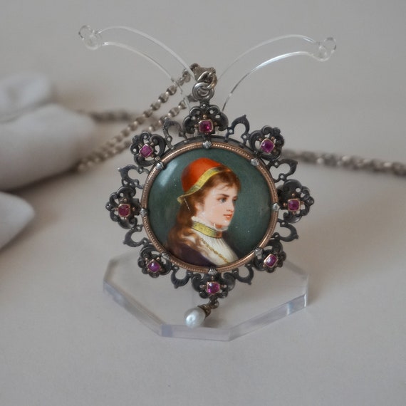 Victorian silver Double Sided Pendant with rubies… - image 1
