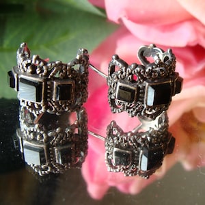 Vintage Marcasiet sterling zilveren oorbellen, vintage Sterling zilveren oorbellen met zwarte onyx, cadeau idee voor haar, gratis geschenkdoos 057