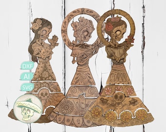 Laser Cut Skeleton Wall Art – Mexican Day of the Dead 3 Pack SVG DXF AI, Hand Drawn Festive Window Decor 3mm Plywood