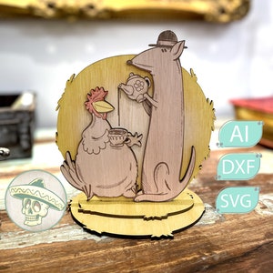 Gallina y una comadreja hacen una pausa para tomar un café rápido - Archivo de corte láser de fácil ensamblaje Lightburn Xtool grabado Creality CR Falcon Snapmaker Animal