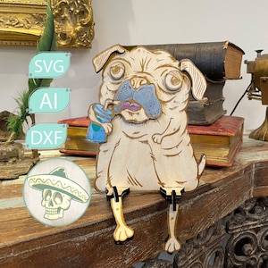 Adorable perro carlino relajante, archivo cortado con láser - Proyecto de bricolaje para amantes de los perros Ligtburn Svg Ai dxf ibrn Xtool d1 pro 3 mm, 1/8 in