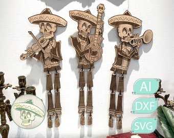 Three Happy Mariachi Band Members Laser Cut File - Easy to Hang Wall Decor skull Xtool D1 Pro S1 Lightburn Glowforge engraving skeleton.