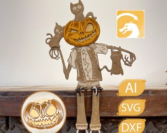Spooky Pumpkin Man Cat Laser Cut File - Halloween Decoration Easy to Assemble SVG Lightburn Tool