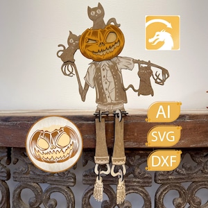 File di taglio laser di gatto uomo zucca spettrale - Decorazione di Halloween facile da montare SVG Lightburn Tool