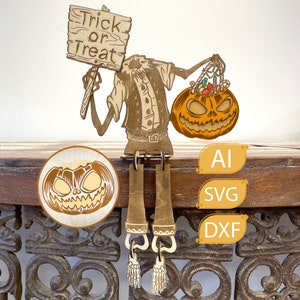 May include: A wooden cutout of a skeleton holding a pumpkin with the words "Trick or Treat" on a sign. The skeleton has long legs and is wearing a shirt and pants. The pumpkin is orange and has a carved face. The cutout is on a wooden surface with a decorative metal railing.