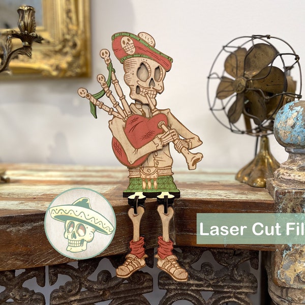 Elegant Skeleton Musician Bagpipe Laser Cut File Easy Assembly Unique Gift or Profitable Local Market Item Skull  Mariachi  Xtool Lightburn