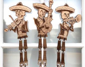 Three Happy Mariachi Band Members Laser Cut File - Easy to Hang Wall Decor skull Xtool D1 Pro S1 Lightburn Glowforge engraving skeleton.