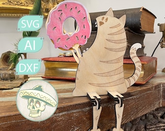 Donut Loving Cat Cake Laser cut file Ligtburn Svg Ai dxf ibrn Xtool d1 pro 3mm, 1/8in