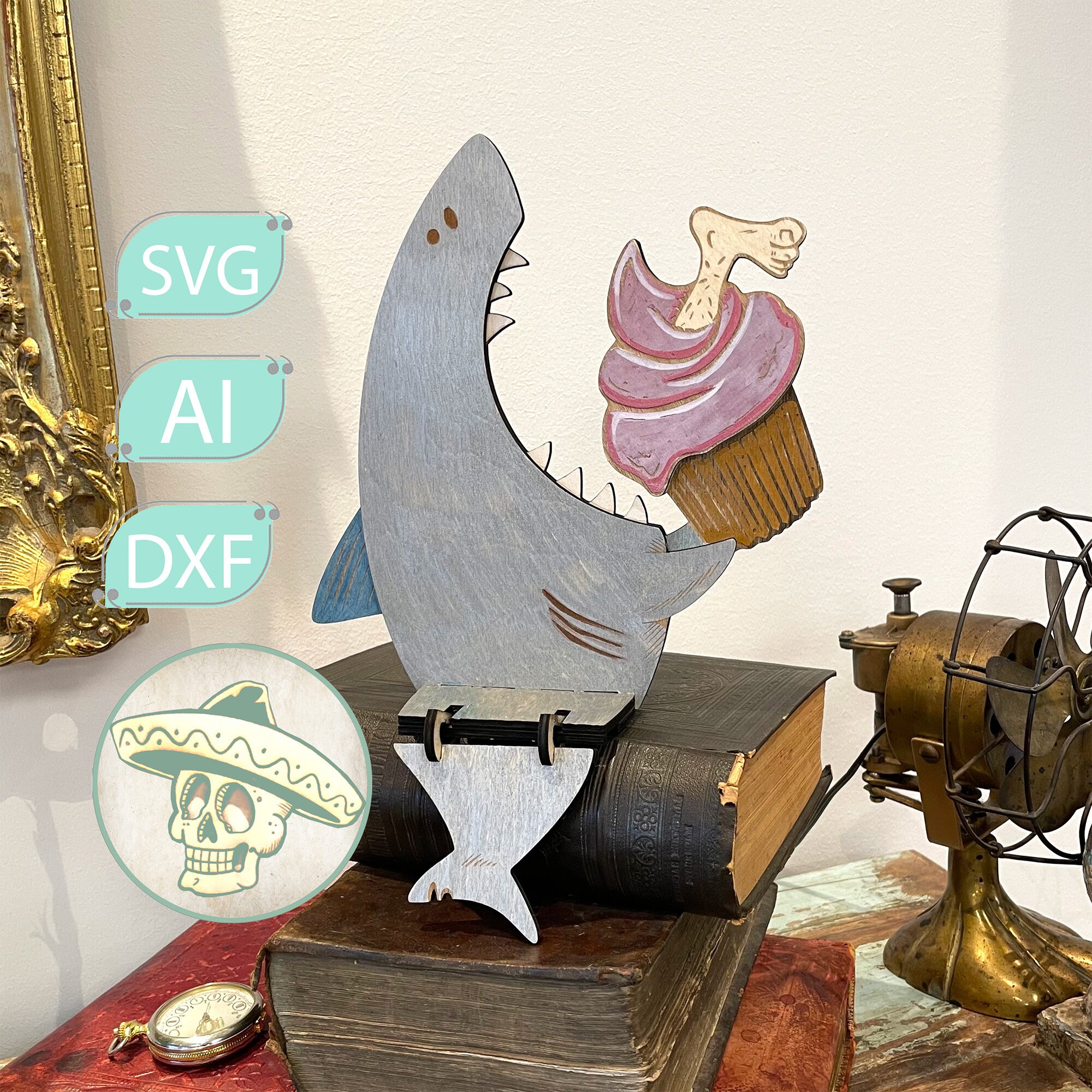 Shark Eats Cupcake - Laser cut file Ligtburn Svg Ai dxf ibrn Xtool d1 pro - Perfect Gift 3mm, 1/8in