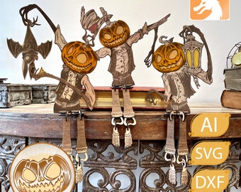 Spooky Trio: Easy-to-Assemble Pumpkin Man Set for Haunted Houses. Plywood 3mm Lightburn Tool D1 Pro. Laser cut file Engrave Halloween.