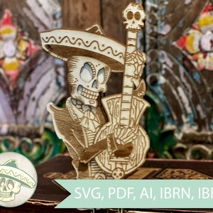 May include: A wooden cutout of a skeleton wearing a sombrero and playing a guitar. The skeleton is wearing a suit and has a skull face. The cutout is painted in shades of brown and white.